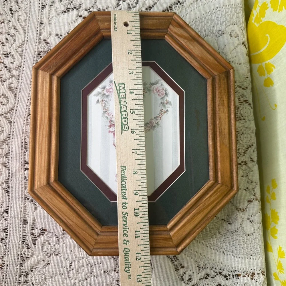 Vintage Octagonal Wood Jewelry Box Floral Heart Shadow Box Glass Top Organizer